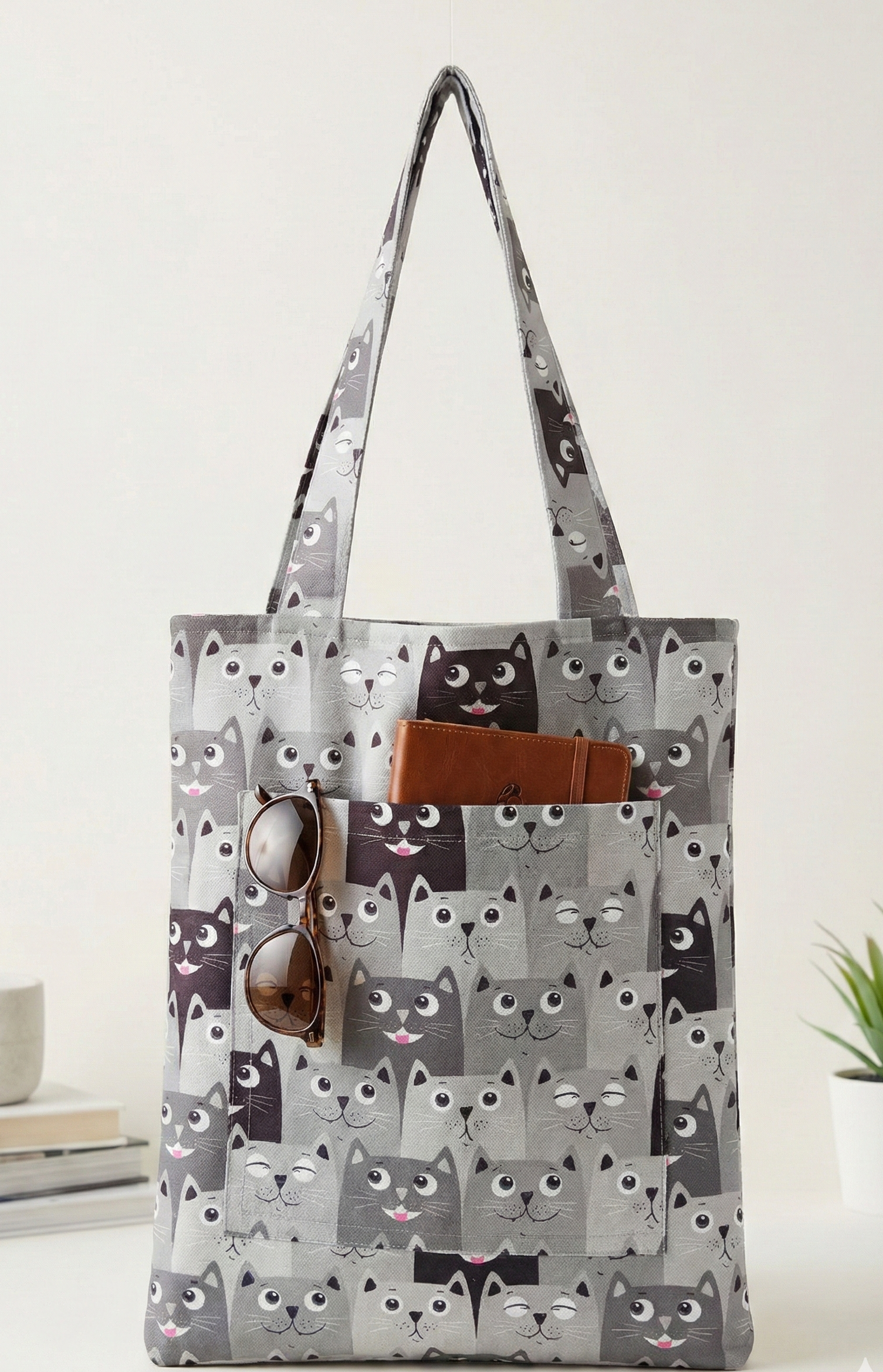 Cool Cats: Siyah Beyaz Kedi Desenli, Cepli ve Astarlı Bez Omuz Çantası