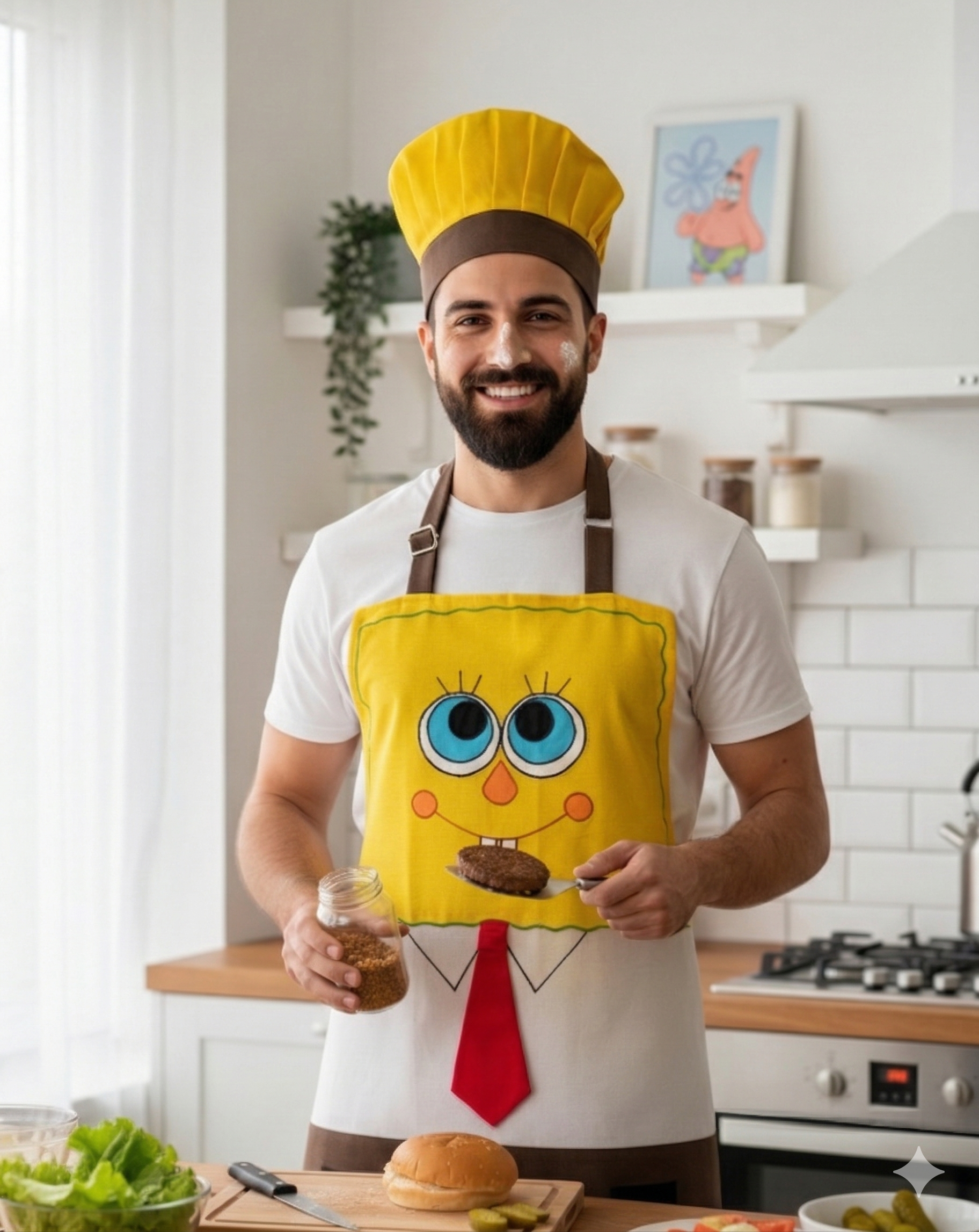 El Yapımı Sünger Bob Karakterli Mutfak Önlüğü Seti (2 Parça - Şapka ve Önlük)