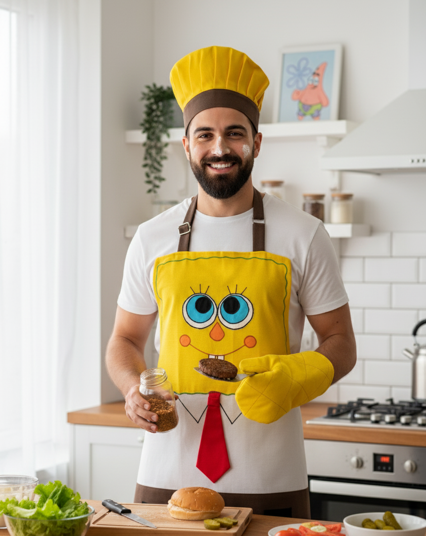 El Yapımı Sünger Bob Karakterli Mutfak Önlüğü Seti (3 Parça)