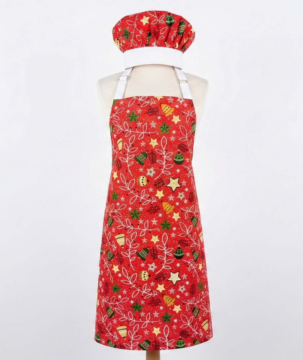 Yılbaşı Temalı Kırmızı Mutfak Önlüğü ve Şef Şapkası Seti - Yeni Yıl Serisi