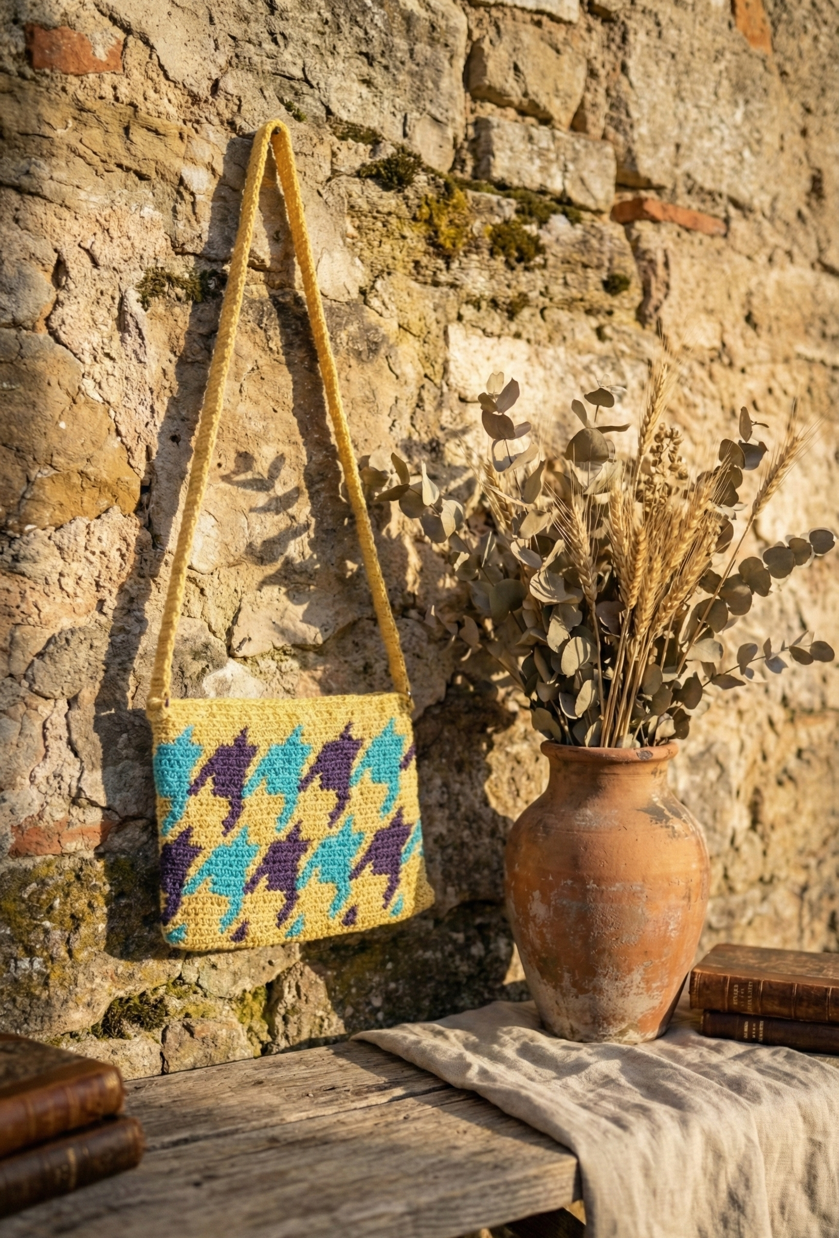 Sarı/Mor/Turkuaz - El Yapımı Wayuu Örgü Çanta - Kağıt İpten Astarlı & Cepli, Fermuarlı, Özel Tasarım Çapraz Çanta