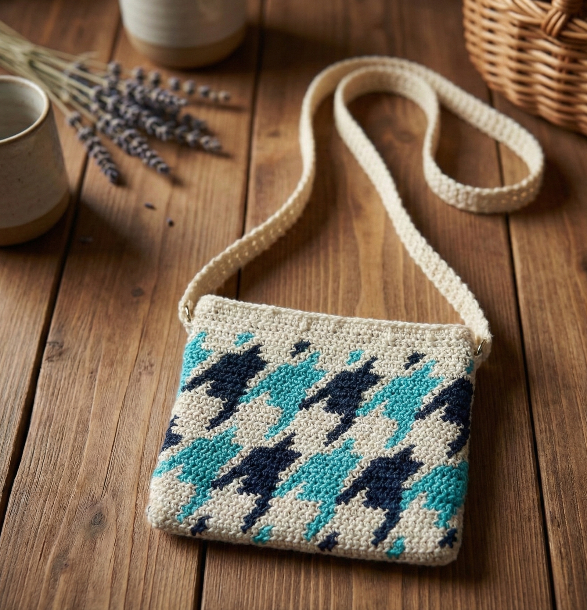 Ekru/Lacivert/Turkuaz - El Yapımı Wayuu Örgü Çanta - Kağıt İpten Astarlı & Cepli, Fermuarlı, Özel Tasarım Çapraz Çanta
