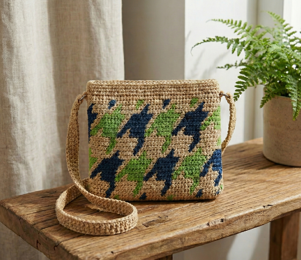 Kahve/Yeşil/Lacivert - El Yapımı Wayuu Örgü Çanta - Kağıt İpten Astarlı & Cepli, Fermuarlı, Özel Tasarım Çapraz Çanta