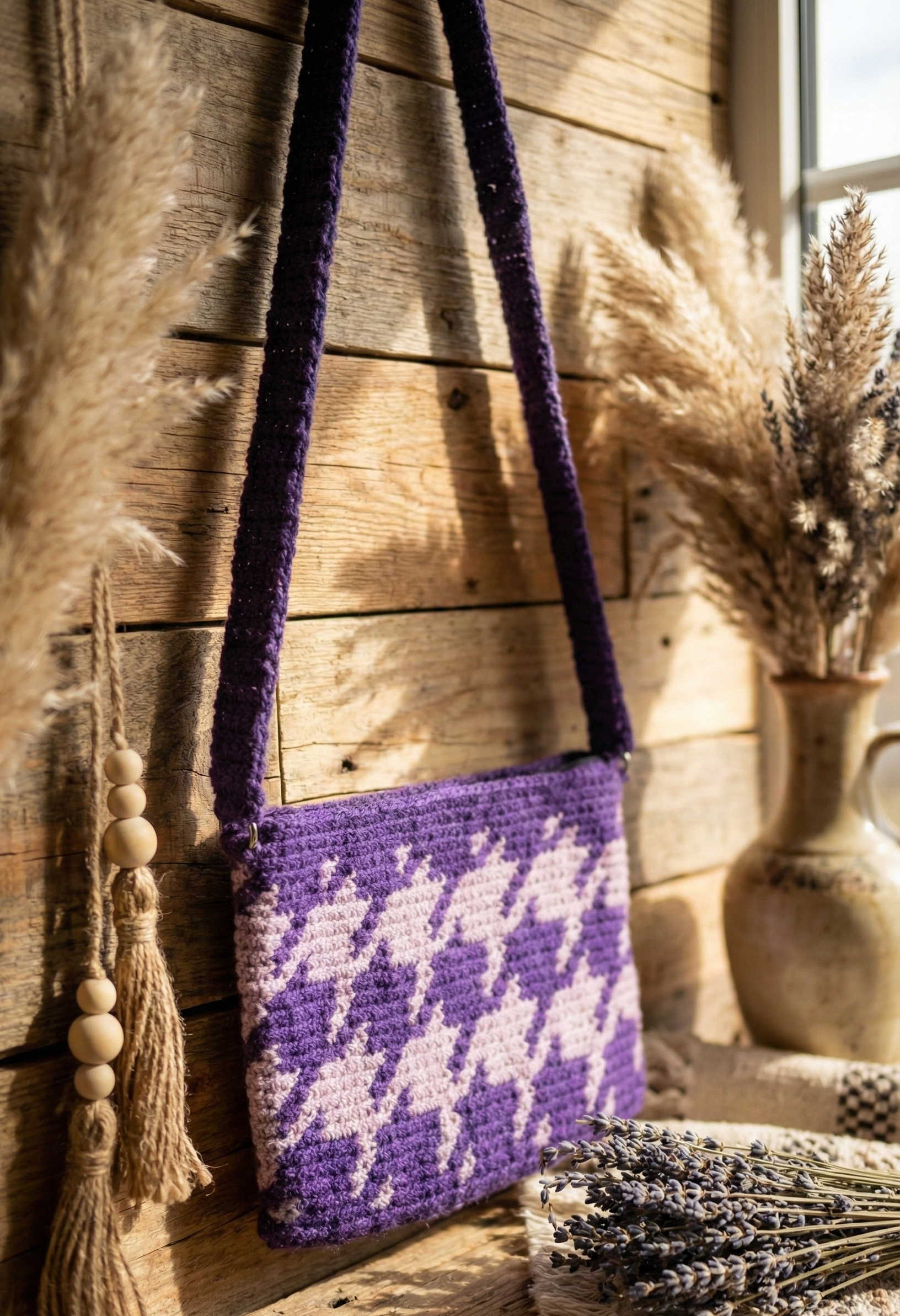 El Yapımı Wayuu Örgü Çanta - Astarlı & Cepli, Fermuarlı, Özel Tasarım Çapraz Mor Çanta