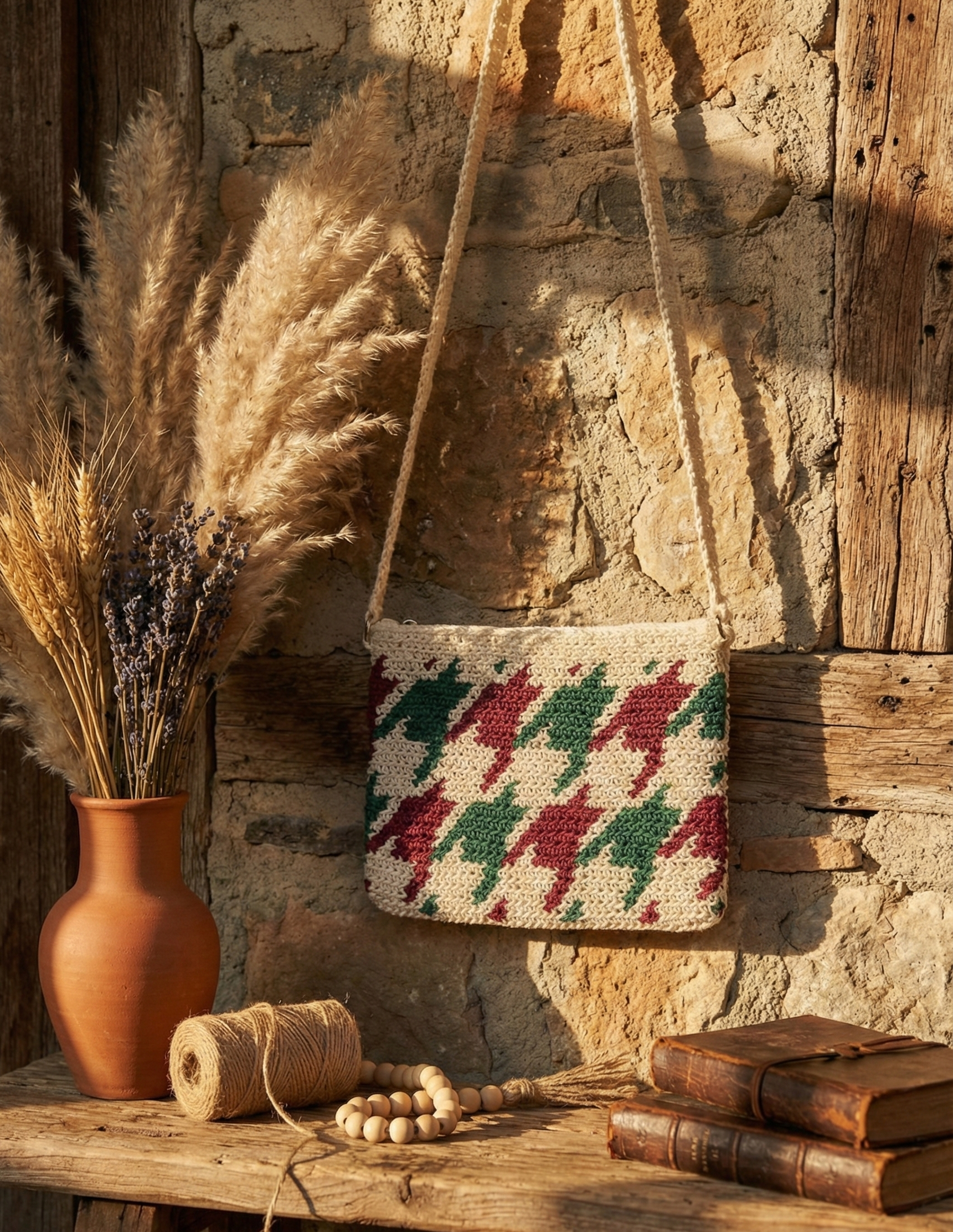 Ekru/Bordo/Yeşil - El Yapımı Wayuu Örgü Çanta - Kağıt İpten Astarlı & Cepli, Fermuarlı, Özel Tasarım Çapraz Çanta